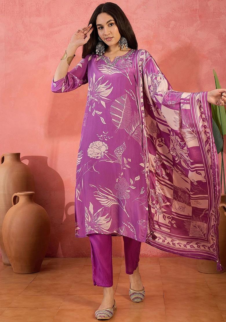 Lavender Printed Blended Kurta Set - Indya