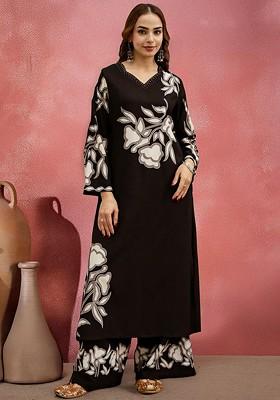 Black Printed Blended Kurta Set