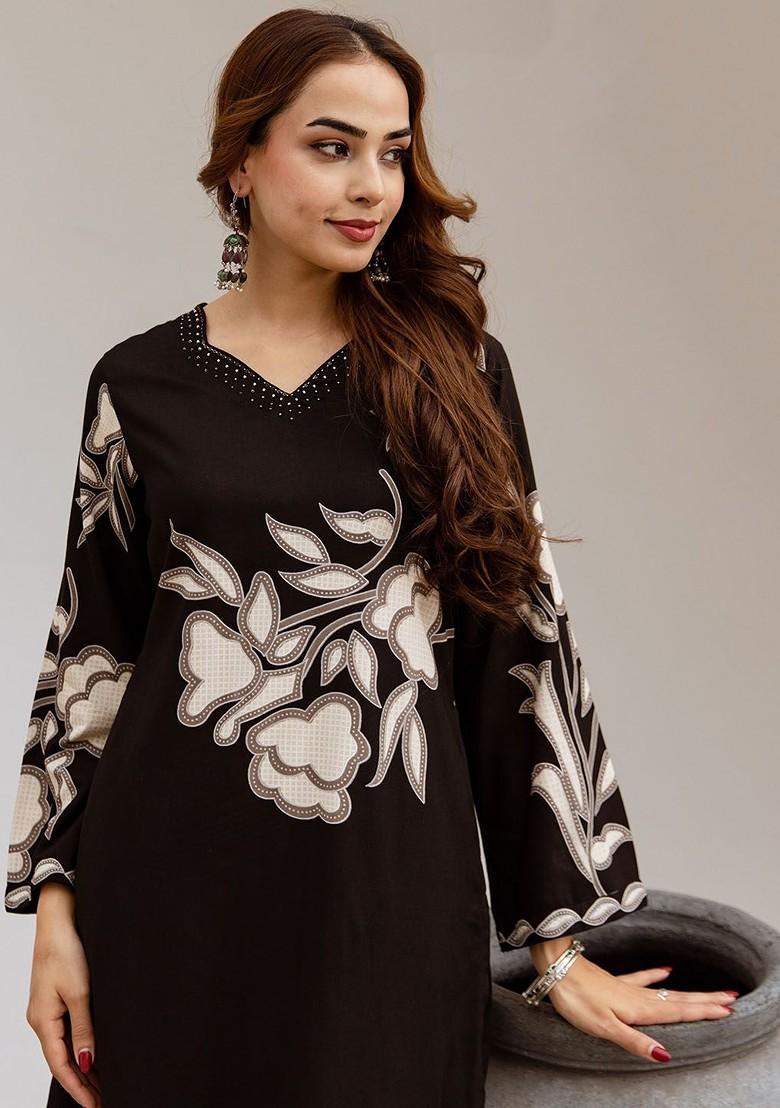 Black Printed Blended Kurta Set - Indya