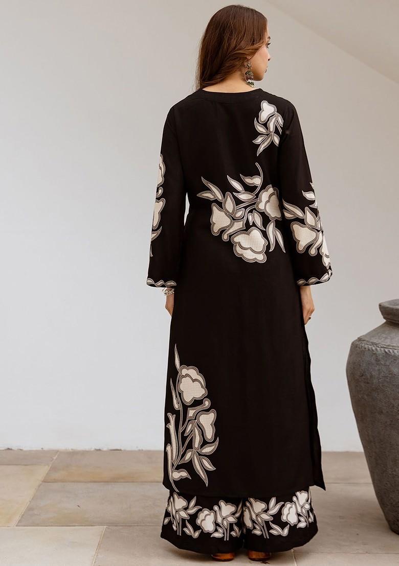 Black Printed Blended Kurta Set - Indya