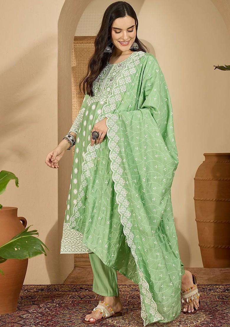 Sea Green Embroidered Blended Kurta Set - Indya