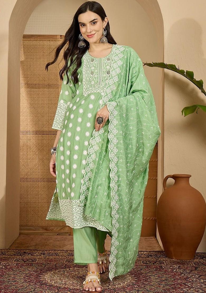 Sea Green Embroidered Blended Kurta Set - Indya