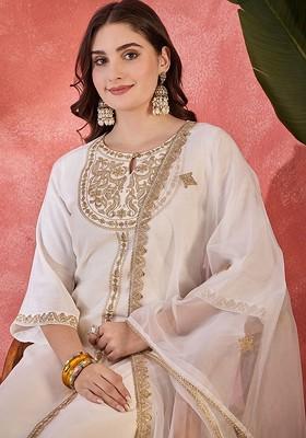 Off White Embroidered Blended Kurta Set