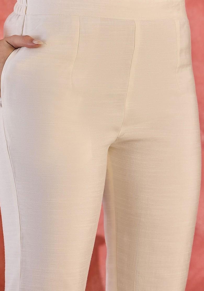 Off White Embroidered Blended Kurta Set - Indya