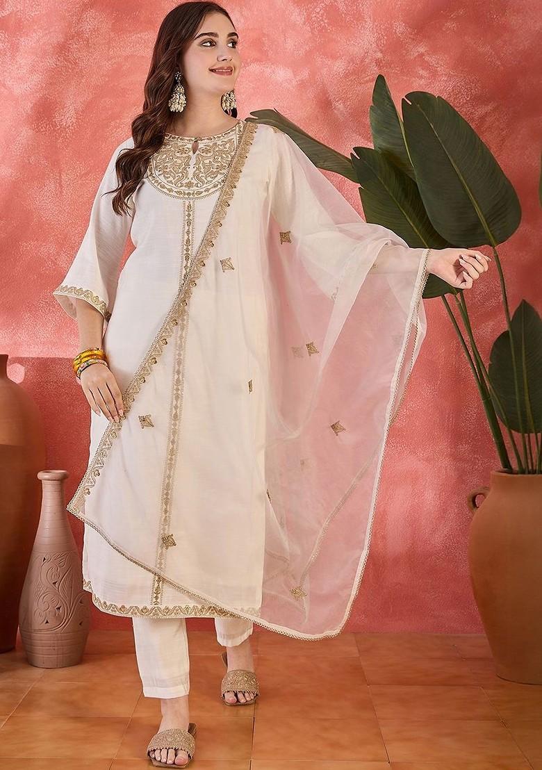 Off White Embroidered Blended Kurta Set - Indya