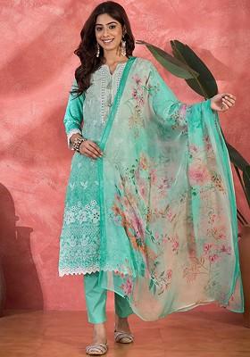 Green Embroidered Blended Kurta Set