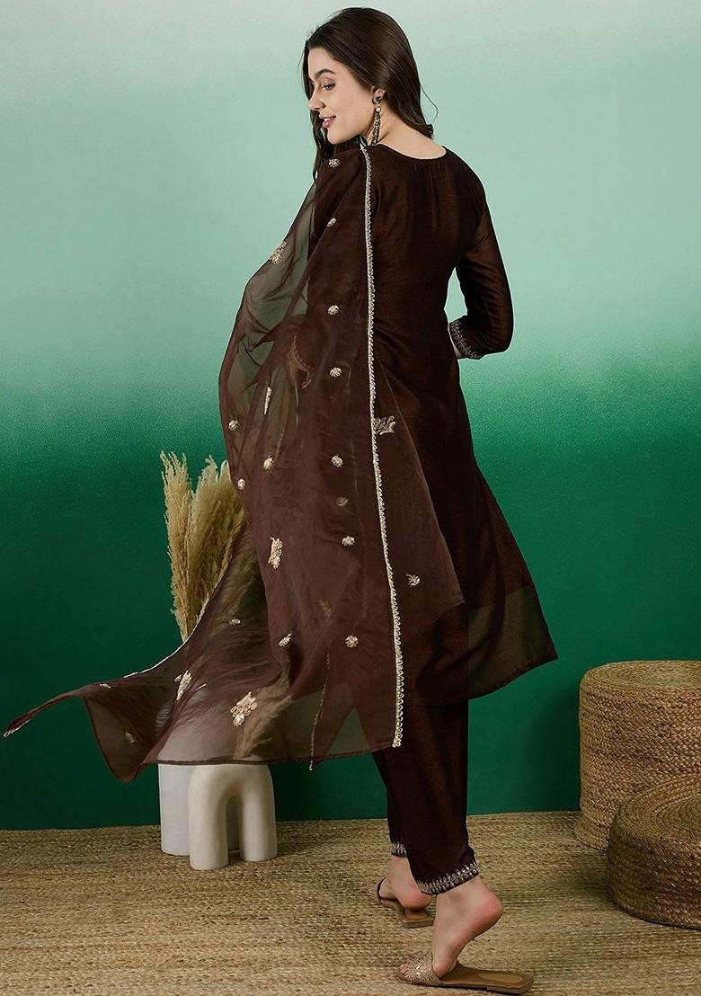 Brown Embroidered Blended Kurta Set - Indya