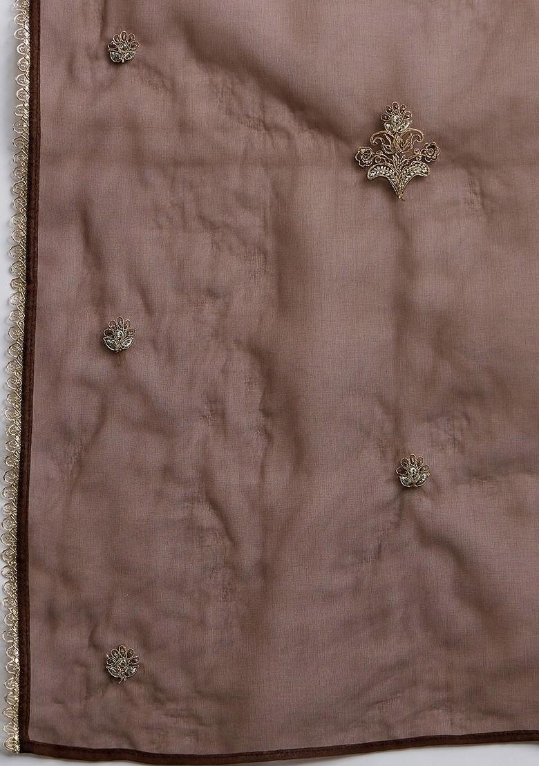Brown Embroidered Blended Kurta Set - Indya