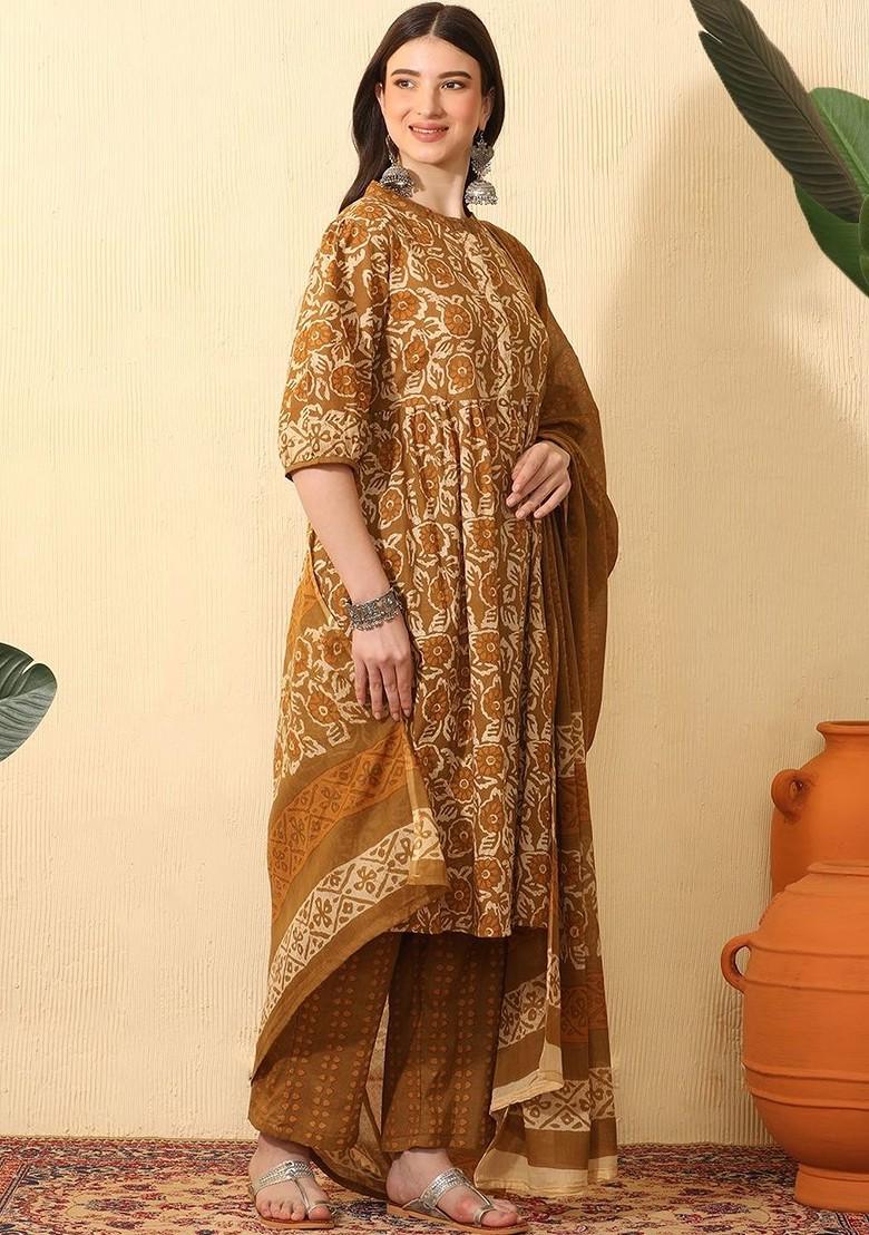 Brown Printed Blended Kurta Set - Indya