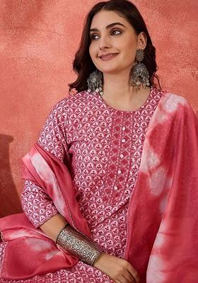 Rust Embroidered Blended Kurta Set