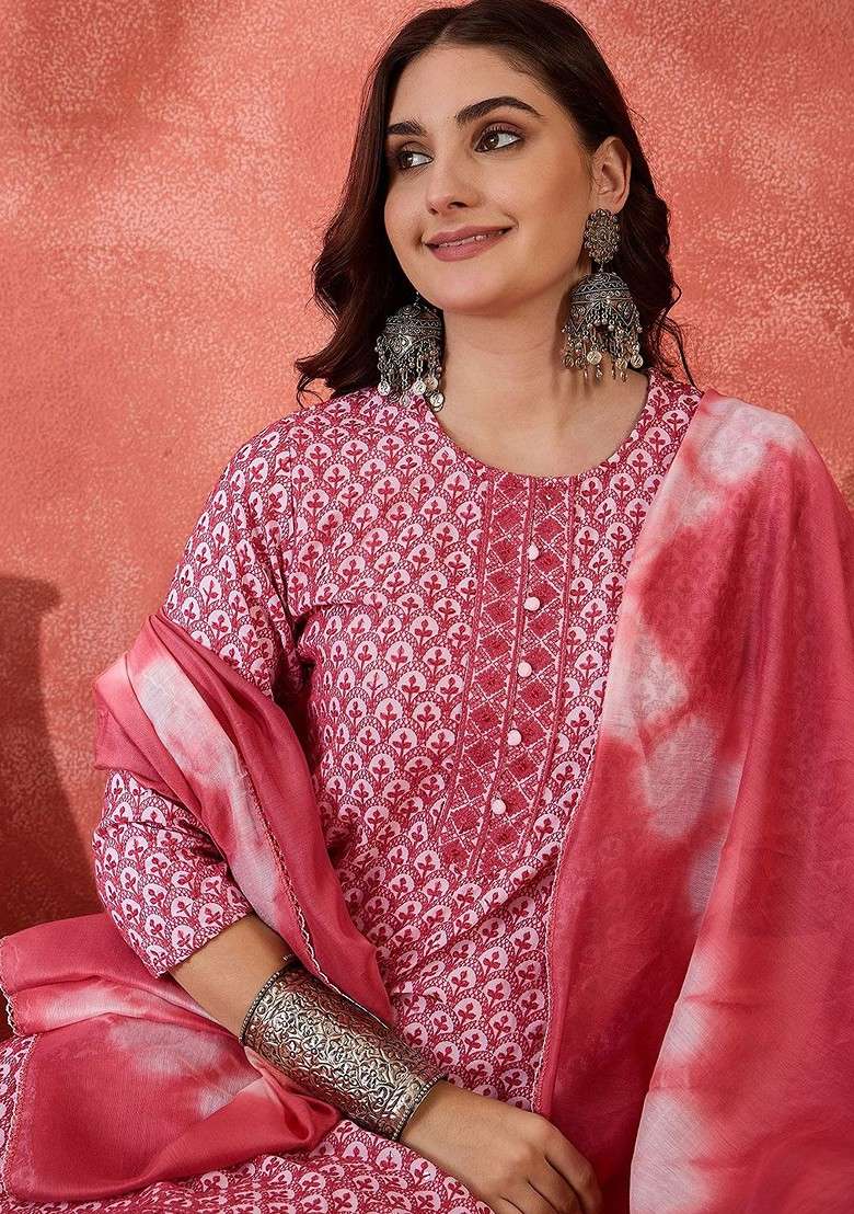 Rust Embroidered Blended Kurta Set - Indya