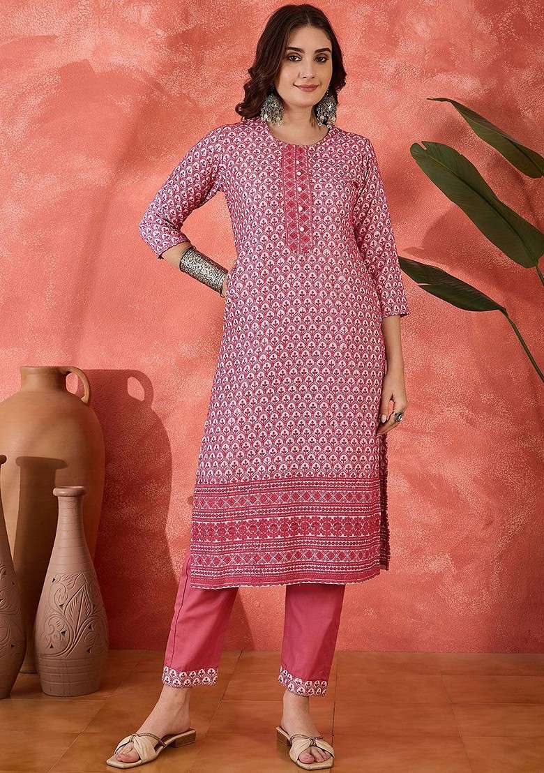 Rust Embroidered Blended Kurta Set - Indya