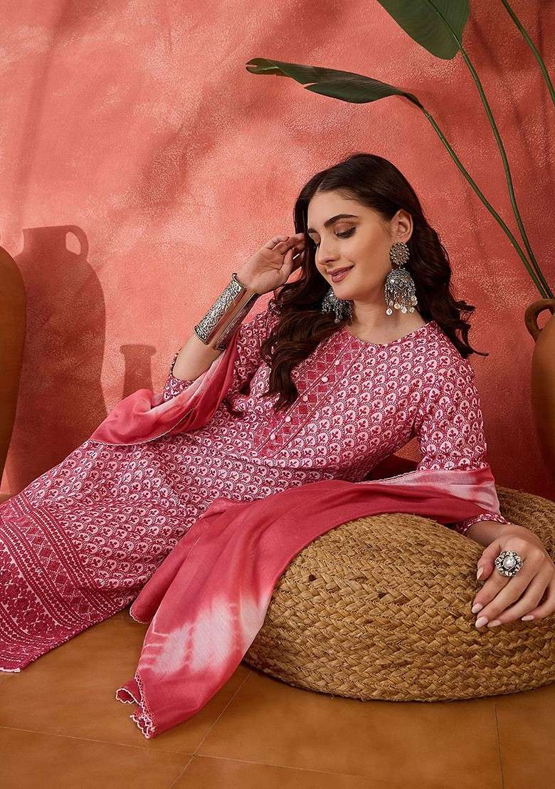 Rust Embroidered Blended Kurta Set - Indya