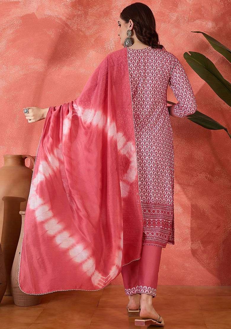 Rust Embroidered Blended Kurta Set - Indya