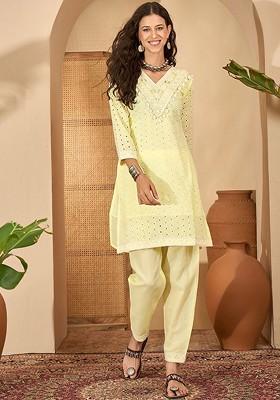 Yellow Embroidered Blended Kurta Set