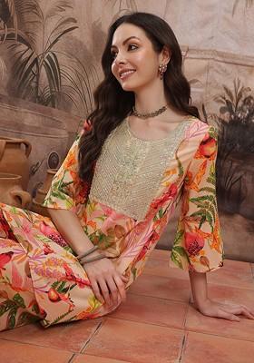 Beige Printed Blended Kurta Set