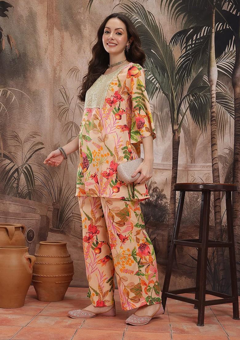 Beige Printed Blended Kurta Set - Indya