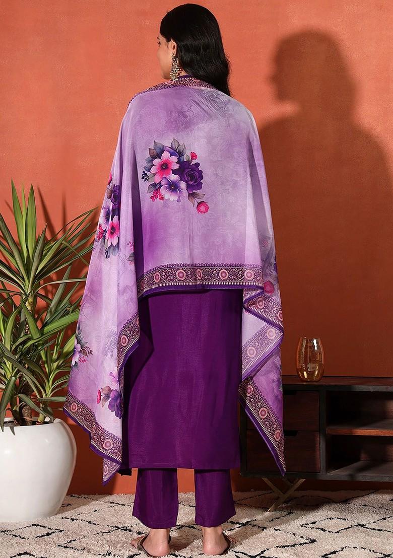 Purple Yoke Design Blended Kurta Set - Indya