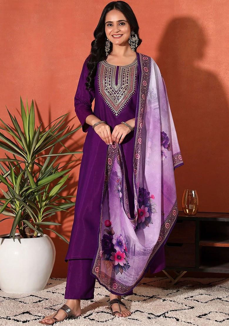 Purple Yoke Design Blended Kurta Set - Indya