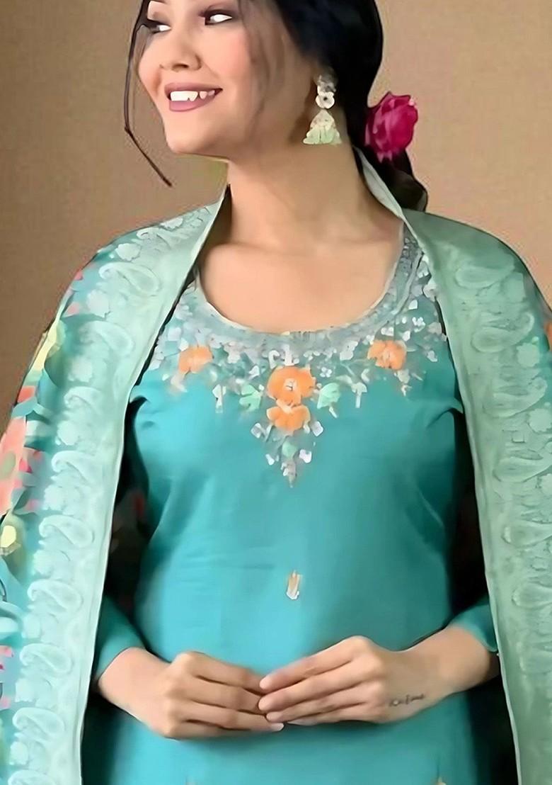 Blue Embroidered Blended Kurta Set - Indya