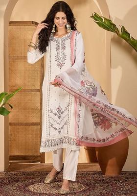 Off White Printed Blended Kurta Set