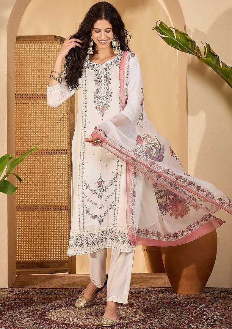 Off White Printed Blended Kurta Set - Indya