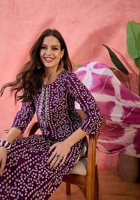 Purple Printed Blended Kurta Set