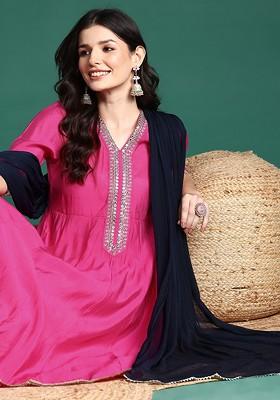Pink Yoke Design Blended Kurta Set
