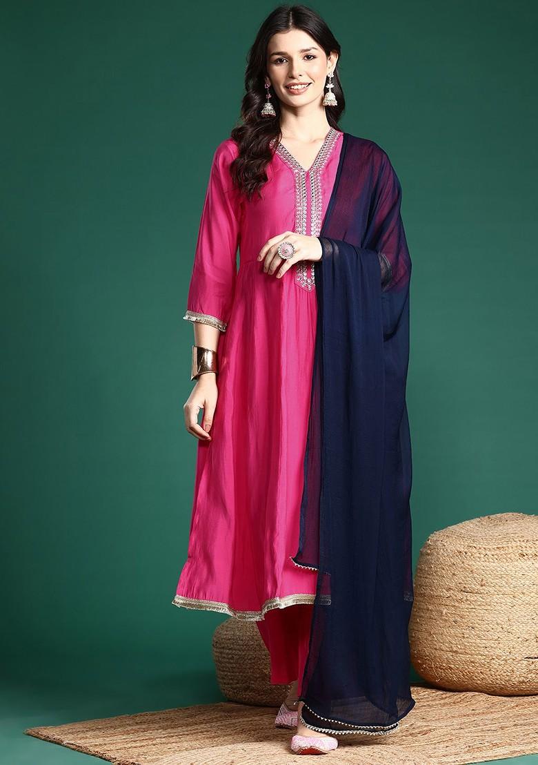 Pink Yoke Design Blended Kurta Set - Indya