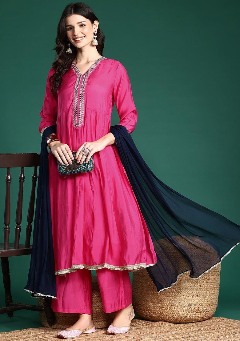 Pink Yoke Design Blended Kurta Set - Indya