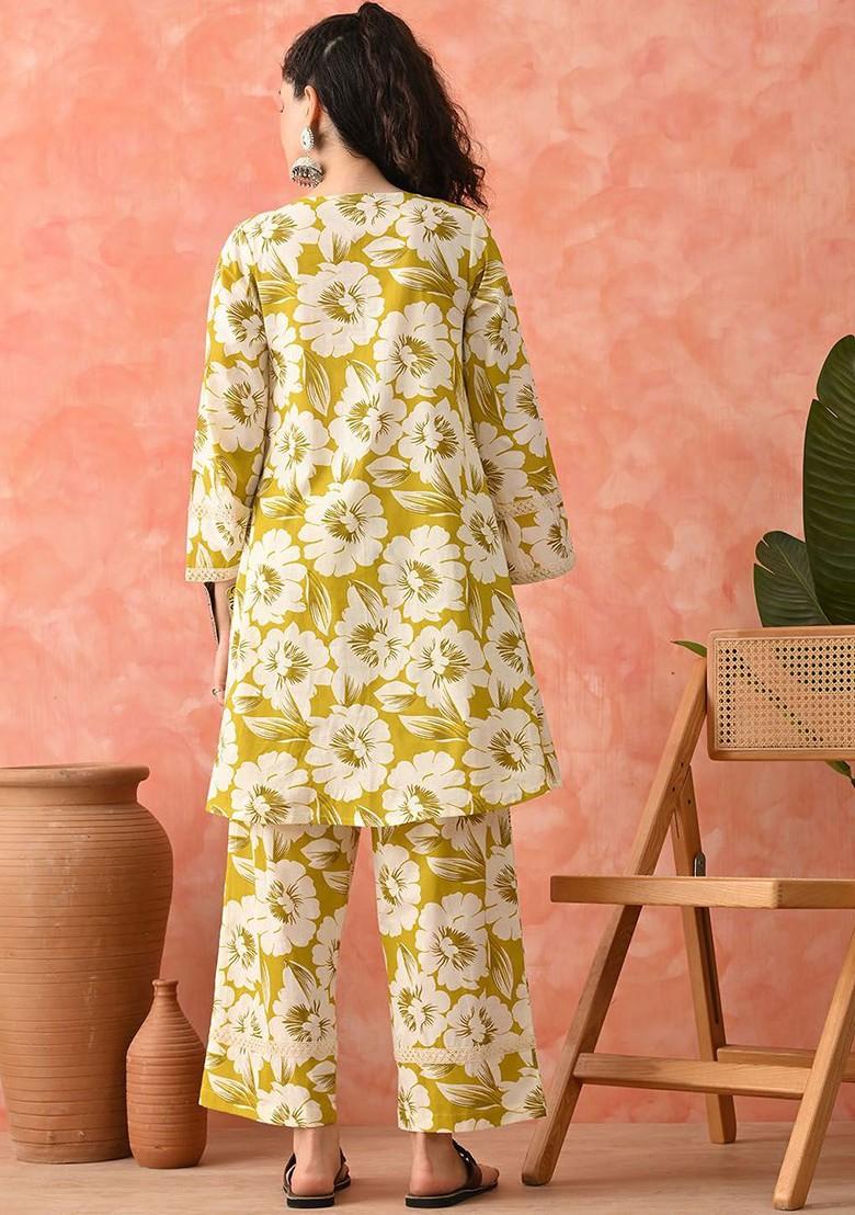 Lime Green Printed Blended Kurta Set - Indya