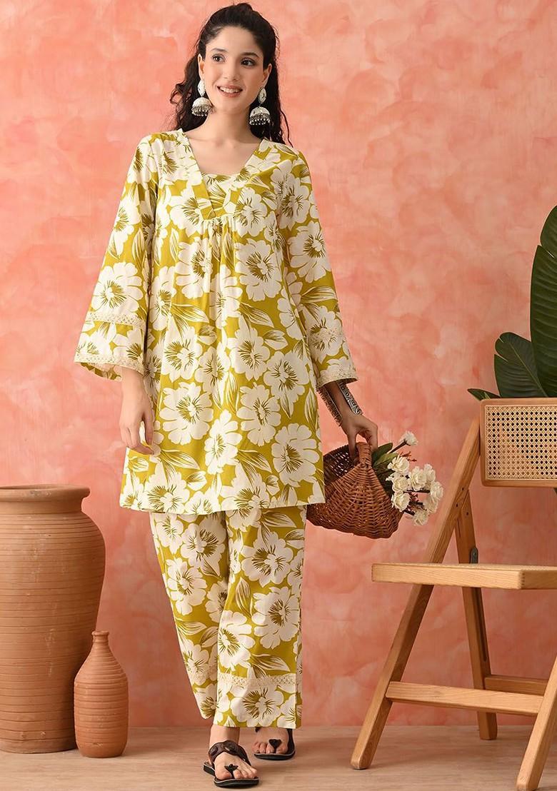 Lime Green Printed Blended Kurta Set - Indya