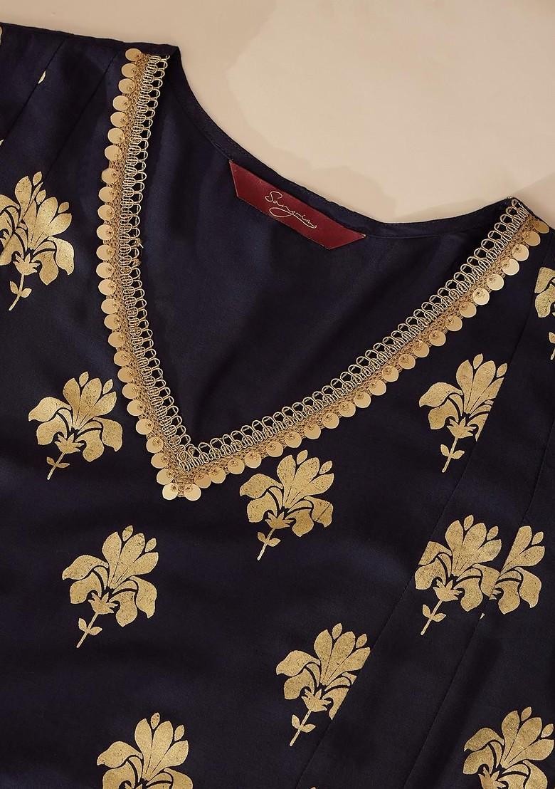 Navy Blue Printed Blended Kurta Set - Indya