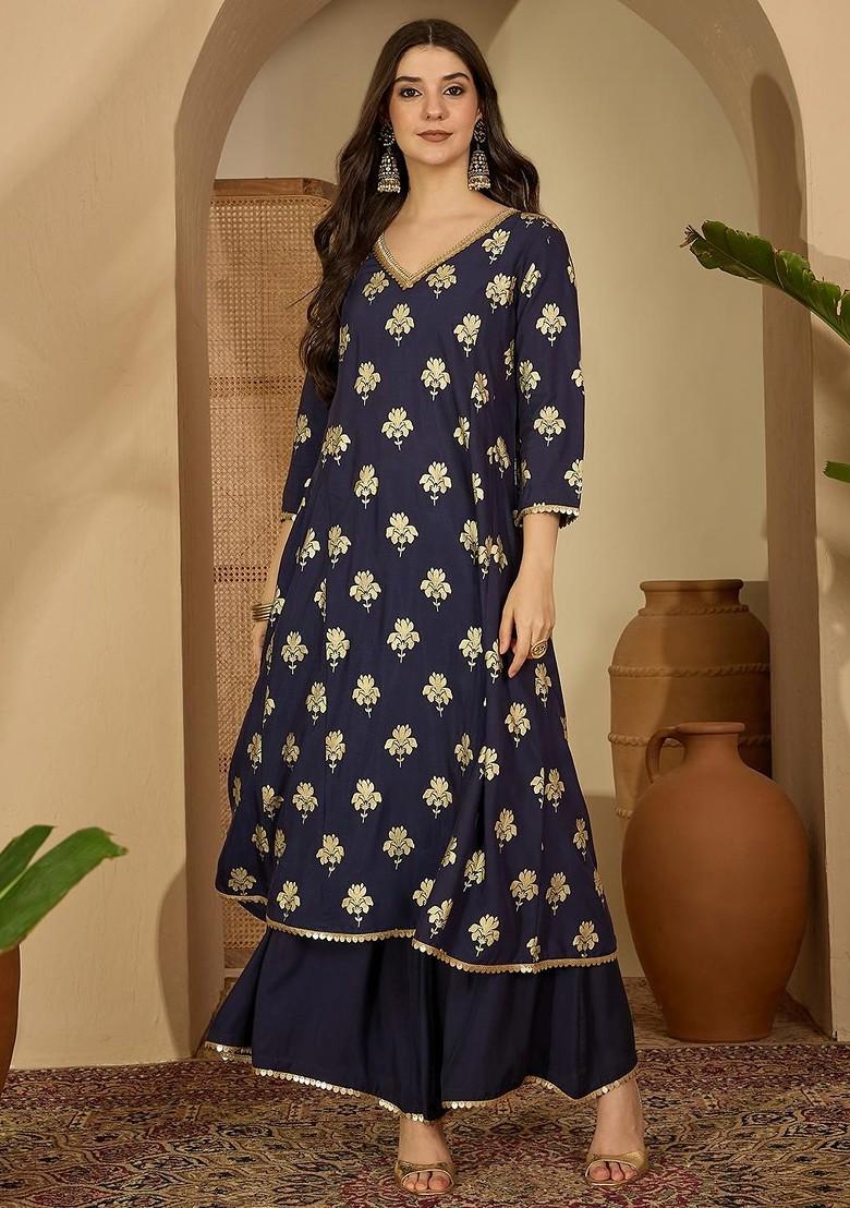Navy Blue Printed Blended Kurta Set - Indya