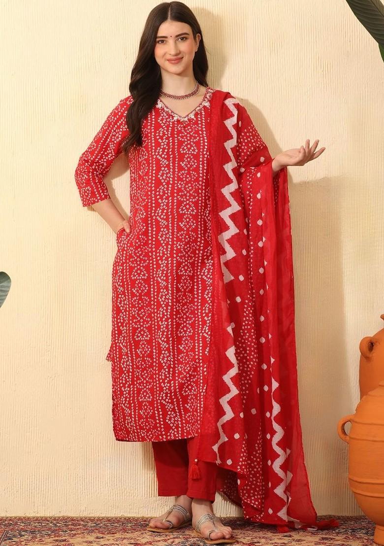 Red Printed Blended Kurta Set