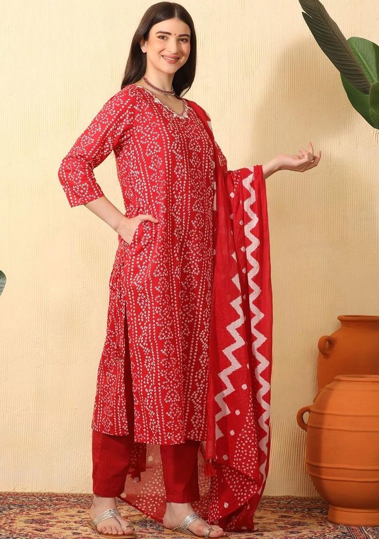 Red Printed Blended Kurta Set - Indya