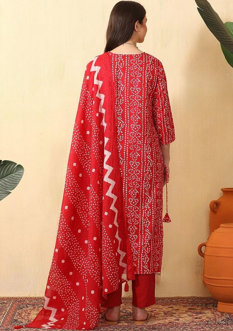 Red Printed Blended Kurta Set