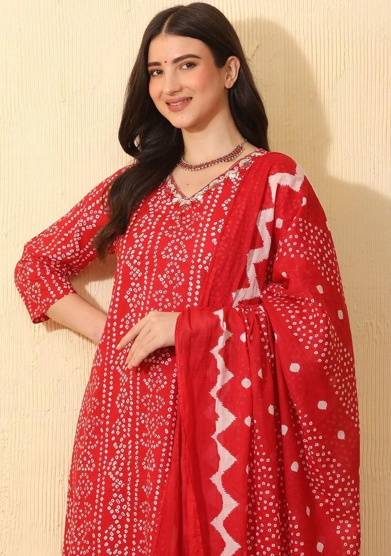 Red Printed Blended Kurta Set - Indya