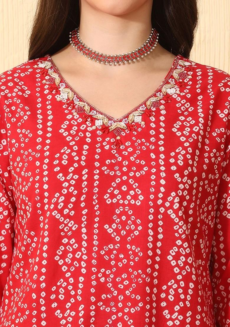 Red Printed Blended Kurta Set