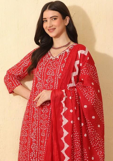 Red Printed Blended Kurta Set
