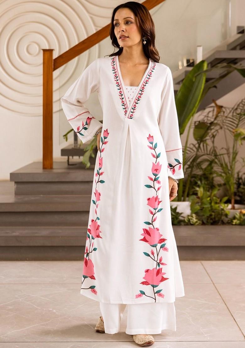 White Printed Blended Kurta Set - Indya