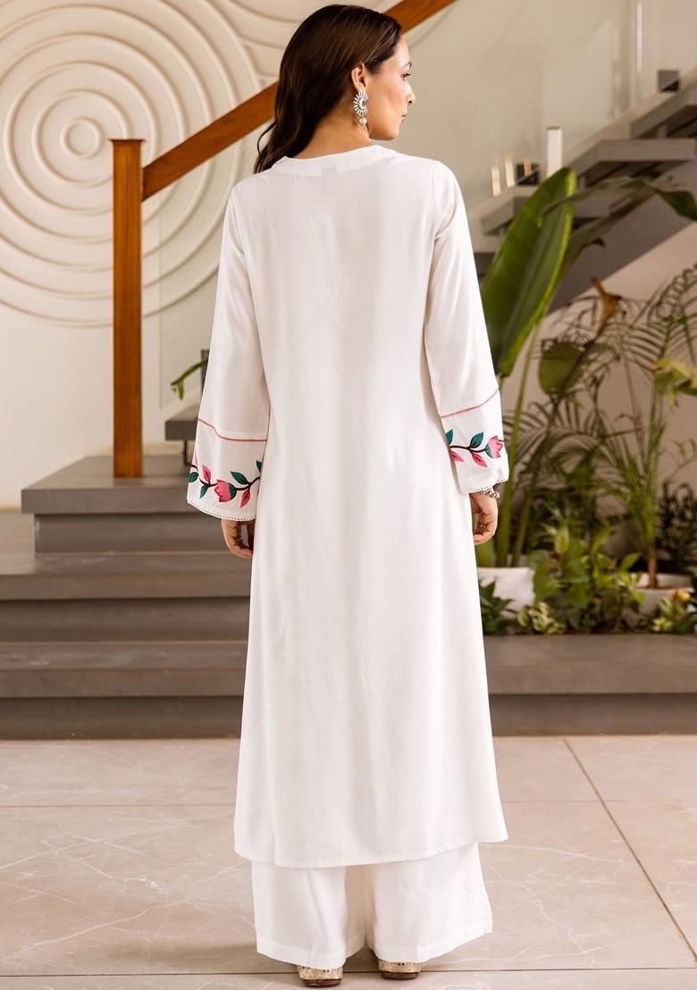 White Printed Blended Kurta Set - Indya