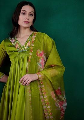 Lime Green Embroidered Blended Kurta Set