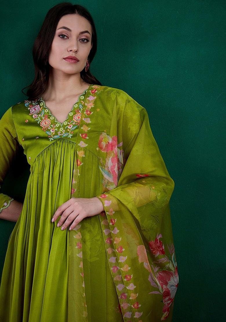Lime Green Embroidered Blended Kurta Set - Indya