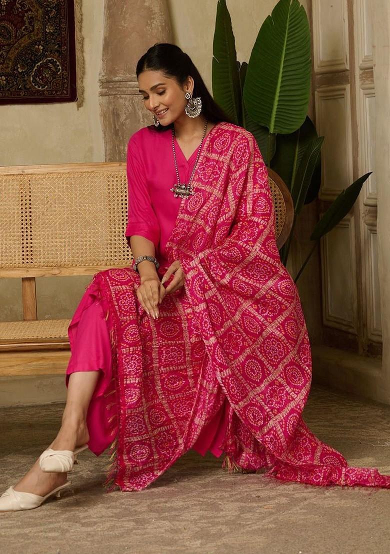 Pink Solid Blended Kurta Set - Indya