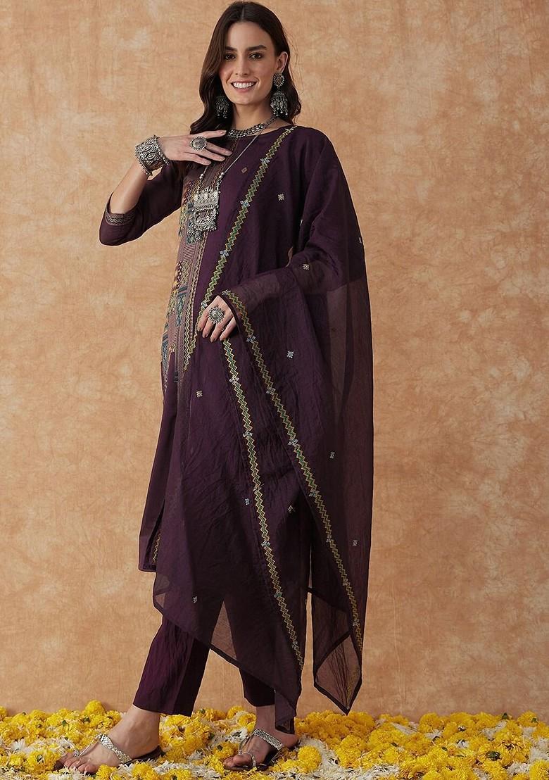 Purple Woven Design Blended Kurta Set - Indya