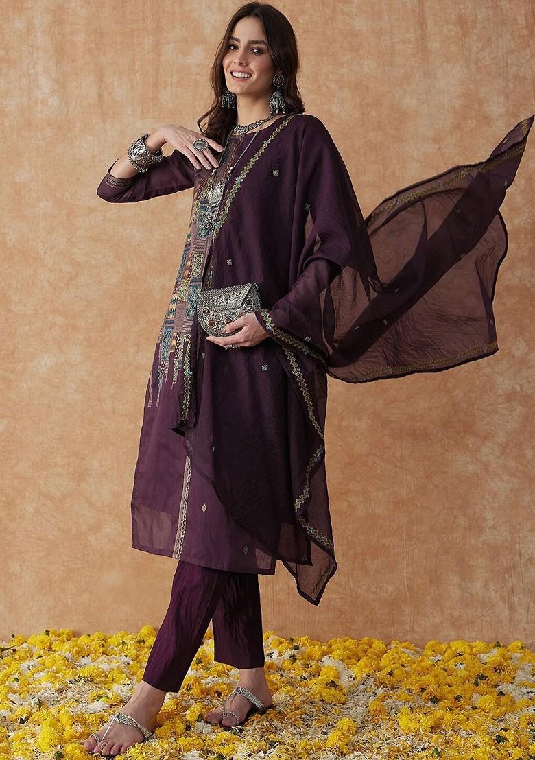 Purple Woven Design Blended Kurta Set - Indya
