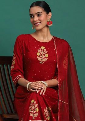 Red Printed Blended Kurta Set