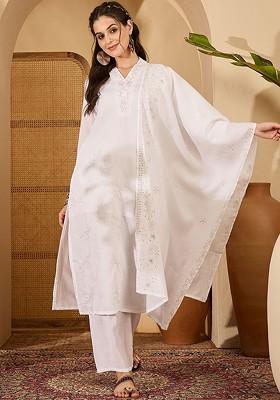 White Embroidered Blended Kurta Set