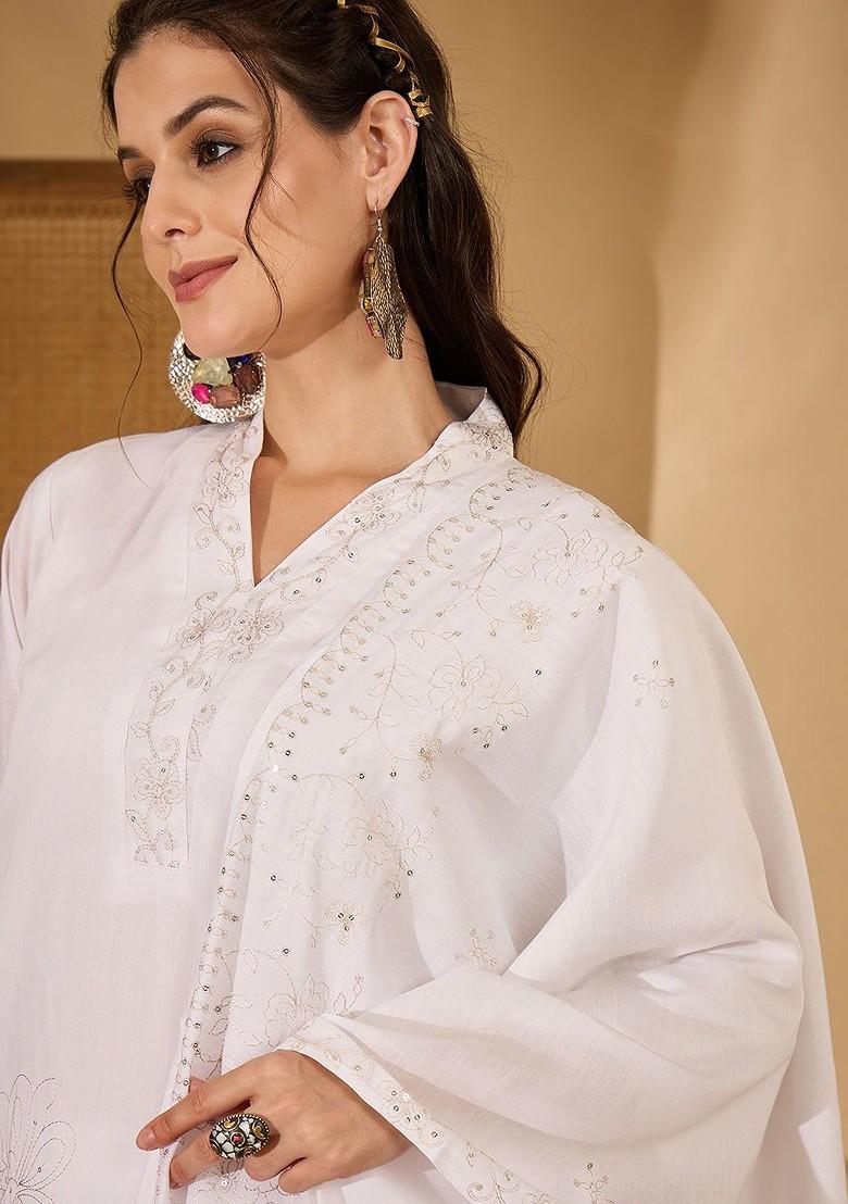 White Embroidered Blended Kurta Set - Indya